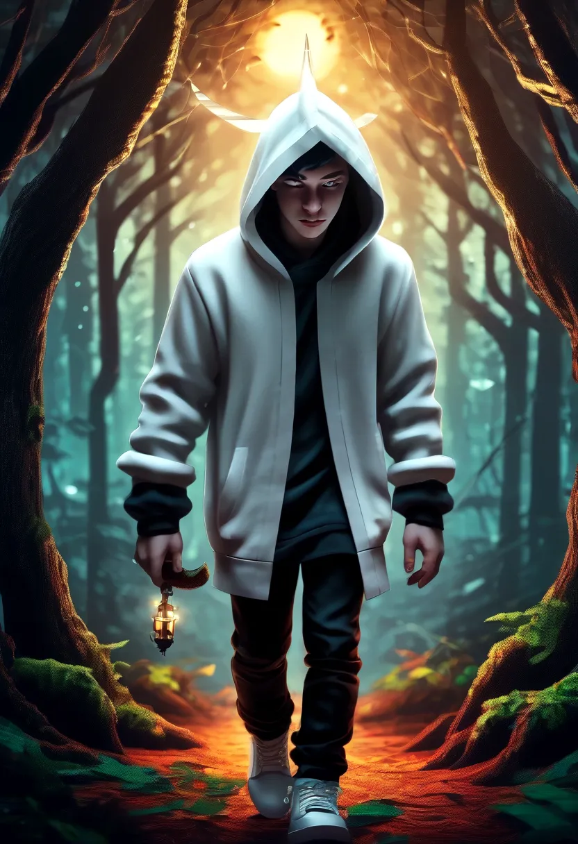 minecraft character, dantdm skin, walking through a forest, midnight boy, white, with gray hair, wearing a white hoodie and blac...