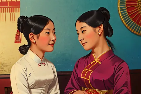 puwei, china, 1838. a young ((((15-year-old)))), two asian girl friends, pale, beautiful, ((((whispering a secret into her ear))...