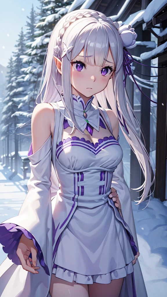 (masterpiece:1.3), (best quality:1.1), (8k, ultra detailed, ultra high res:1.2), ((anime style)), (perfect hands, perfect 5 fingers, perfect anatomy), arms behind back, upside-down face, 
1girl,
emilia, 
emilia\(re:zero\),
long hair, low-tied long hair, braid, crown braid, 
white hair, 
(purple eyes:1.2), (beatiful detailed eyes:1.2), 
pointy ears, 
flower, hair flower, hair ornament, hair ribbon, white flower, x hair ornament, 
medium breasts, 
dress, pink dress, bare shoulders, detached collar, long sleeves, shoulder cutout, wide sleeves, white sleeves, 
(sad:1.2), 
BREAK looking away, 
cowboy shot, 
perfect light, outdoor, Forest, snow, crystal trees, 