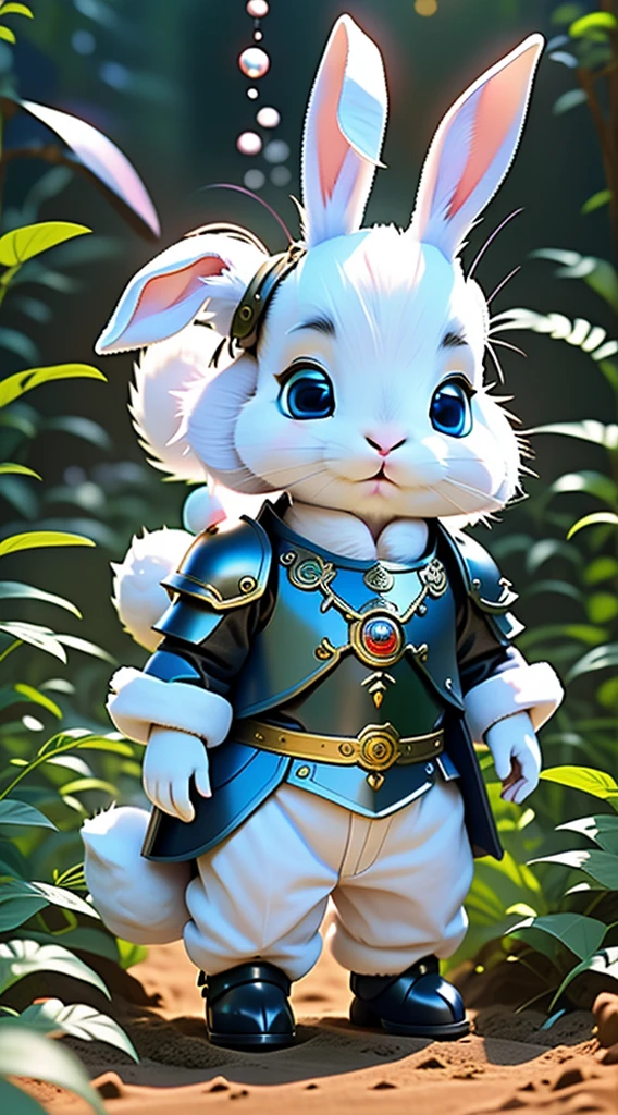 (best quality, surreal:1.2), blue eyes, Stunning graphics, 3D version PlayStation 5, Wearing armor, there is a white rabbit that is standing in the dirt, drooping rabbity ears, Pale pointed ears, albino dwarf, Two pointed ears, Strong albinism, rabbit, This rabbit has pink fur, She is about 16 years old, Albino Mystic, the rabbit has pink fur, rabbit ears, white rabbit, Shot with Sony Alpha 9, Very handsome