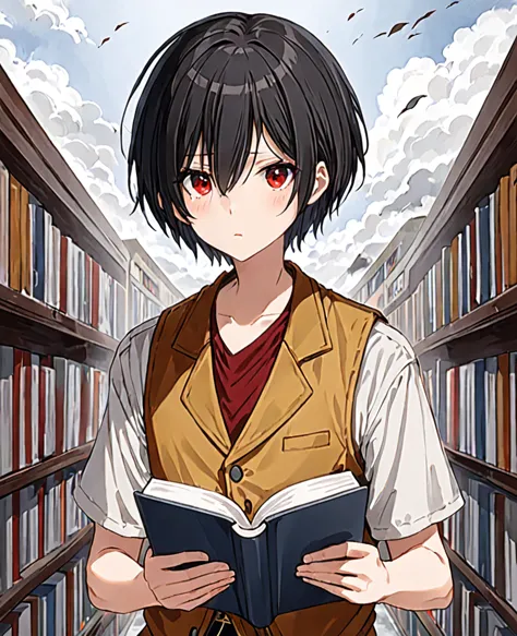 one man、black hair、hairstyle、shortcuts、red eyes、droopy eyes、whole body、ocher vest、please hold the book in your right hand.、cloud...