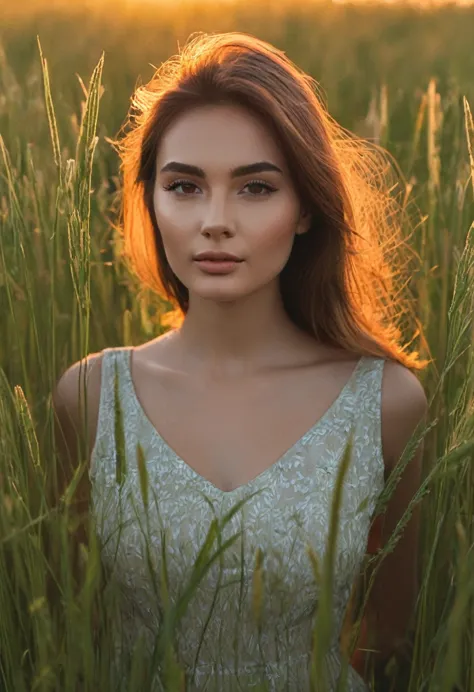 a woman standing in a field of tall grass with the sun setting, gorgeous woman, cinematic beautiful natural skin, attractive wom...