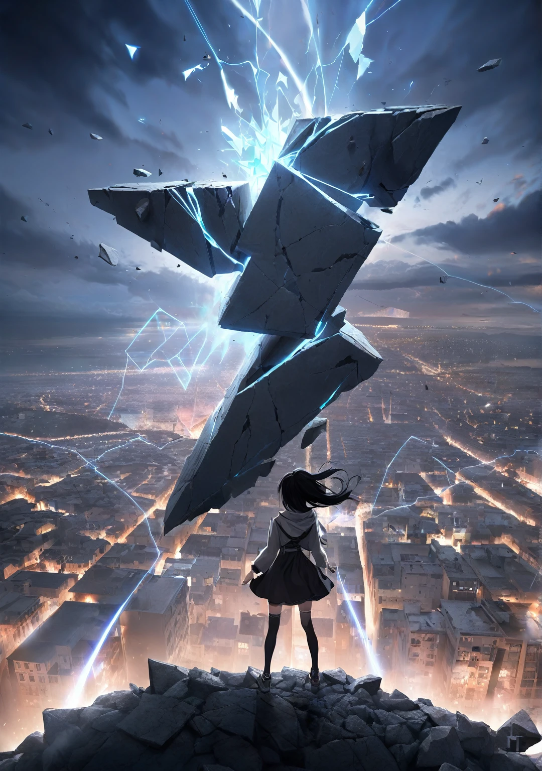 Breathtaking graphics, angle from the ground, shooting epic shots: a huge magic rune hovering over the city, breathtaking landscapes and impressive lighting effects that create impressive visual impressions, the destruction of the city, ((view from the ground: 1.2)), ((a girl with black hair in the foreground:1.2))