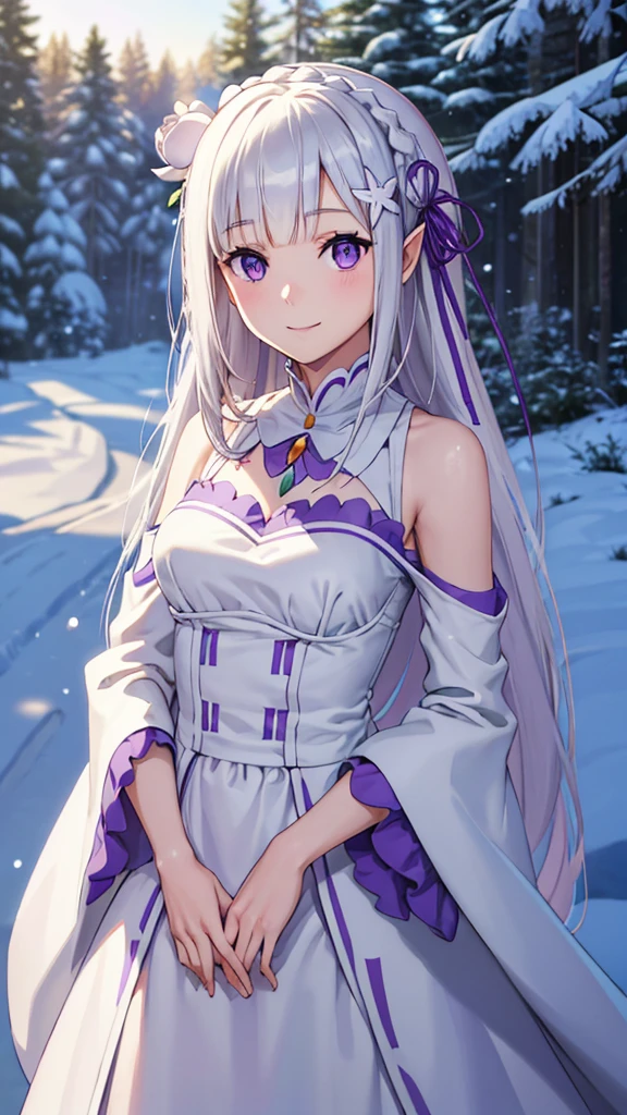 (masterpiece:1.3), (best quality:1.1), (8k, ultra detailed, ultra high res:1.2), ((anime style)), perfect hands, perfect 5 fingers, perfect anatomy, arms behind back, 
1girl,
emilia, 
emilia\(re:zero\),
long hair, low-tied long hair, braid, crown braid, 
white hair, 
(purple eyes:1.2), (beatiful detailed eyes:1.2), 
pointy ears, 
flower, hair flower, hair ornament, hair ribbon, white flower, x hair ornament, 
medium breasts, 
dress, pink dress, bare shoulders, detached collar, long sleeves, shoulder cutout, wide sleeves, white sleeves, 
(smile:1.3), 
BREAK looking at viewer, 
cowboy shot, 
perfect light, outdoor, forest, crystal trees, (snow:1.5), winter, 