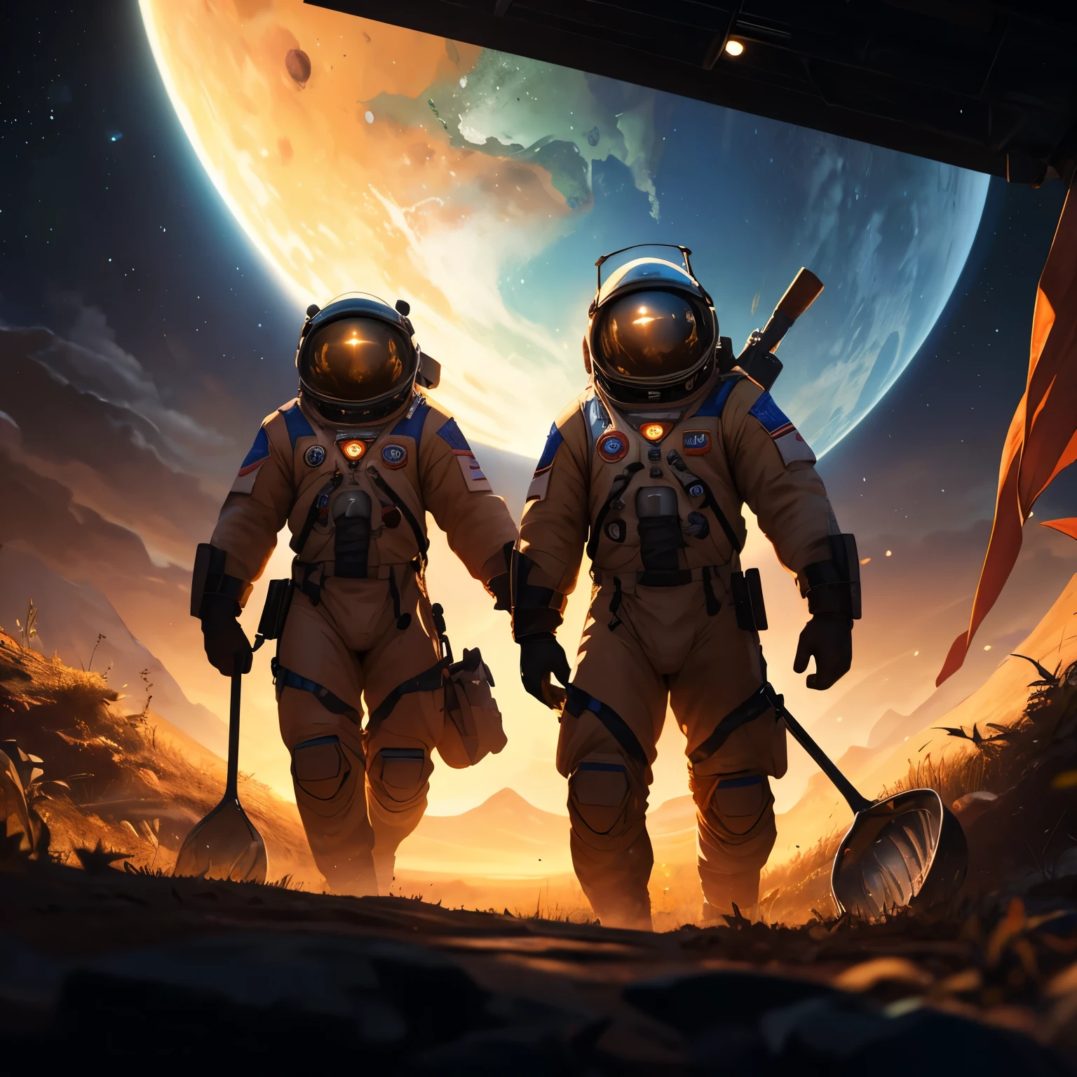 (best quality,8k,highres, masterpiece:1.2), ultra-detailed, HDR, UHD, studio lighting, ultra-fine painting, sharp focus, physically-based rendering, extreme detail description, professional, vivid colors, bokeh, portraits, concept artists, warm color palette, dramatic lighting,astronauts, Mars, plowing fields, holding hoes in their hands, vigorously growing tomatoesside view,