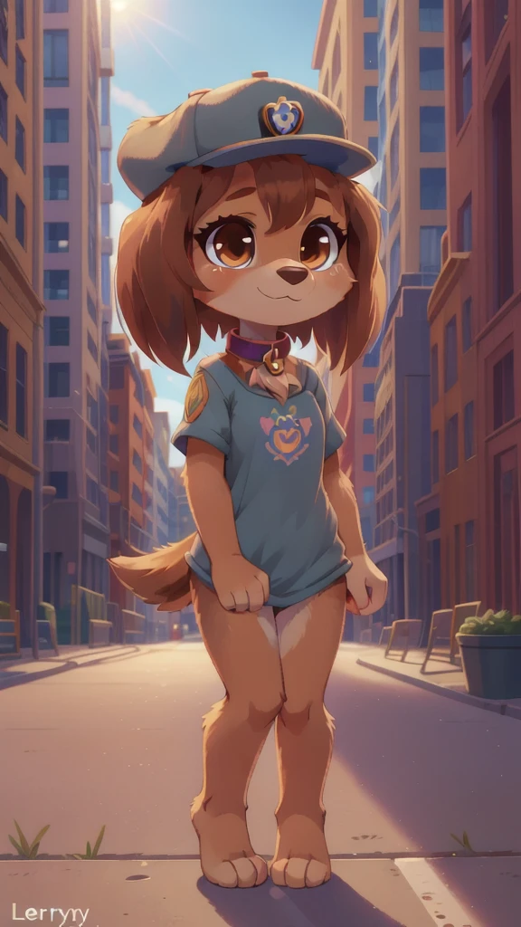 Liberty, dog, furry girl, brown eyes, brown hair, rect hair, two tone body fur, brown body fur, clear brown body fur, detailed body fur, detailed body, detailed face, detailed eyes, glistering body, shiny body, skinny, (best quality), cinematic lighting, looking at viewer, anime style, full body, feets with three toes, 1girl, :3, tiny body, short body, {liberty paw patrol}, female, ((solo)), standing, standing, street, front view, ((Liberty top wear, Liberty headwear, Liberty collar)), nude,