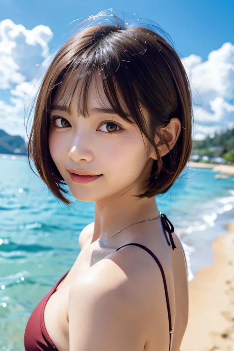 (((A loose, fluffy hairstyle with shoulder-length brown mini bob)))、(((A cute, slightly chubby round face)))、(((She is posing li...