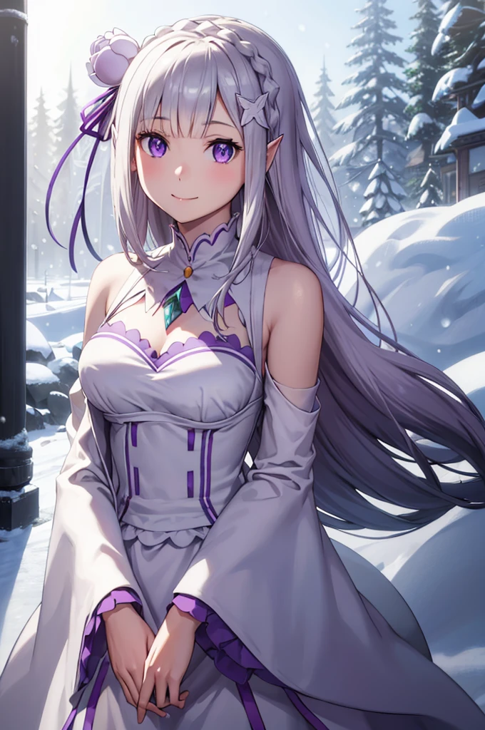 (masterpiece:1.3), (best quality:1.1), (8k, ultra detailed, ultra high res:1.2), ((anime style)), perfect hands, perfect 5 fingers, perfect anatomy, arms behind back, 
1girl,
emilia, 
emilia\(re:zero\),
long hair, low-tied long hair, braid, crown braid, 
white hair, 
(purple eyes:1.2), (beatiful detailed eyes:1.2), 
pointy ears, 
flower, hair flower, hair ornament, hair ribbon, white flower, x hair ornament, 
medium breasts, 
dress, pink dress, bare shoulders, detached collar, long sleeves, shoulder cutout, wide sleeves, white sleeves, 
(smile:1.3), 
BREAK looking at viewer, 
upper body, 
perfect light, outdoor, forest, crystal trees, (snow:1.5), winter, 