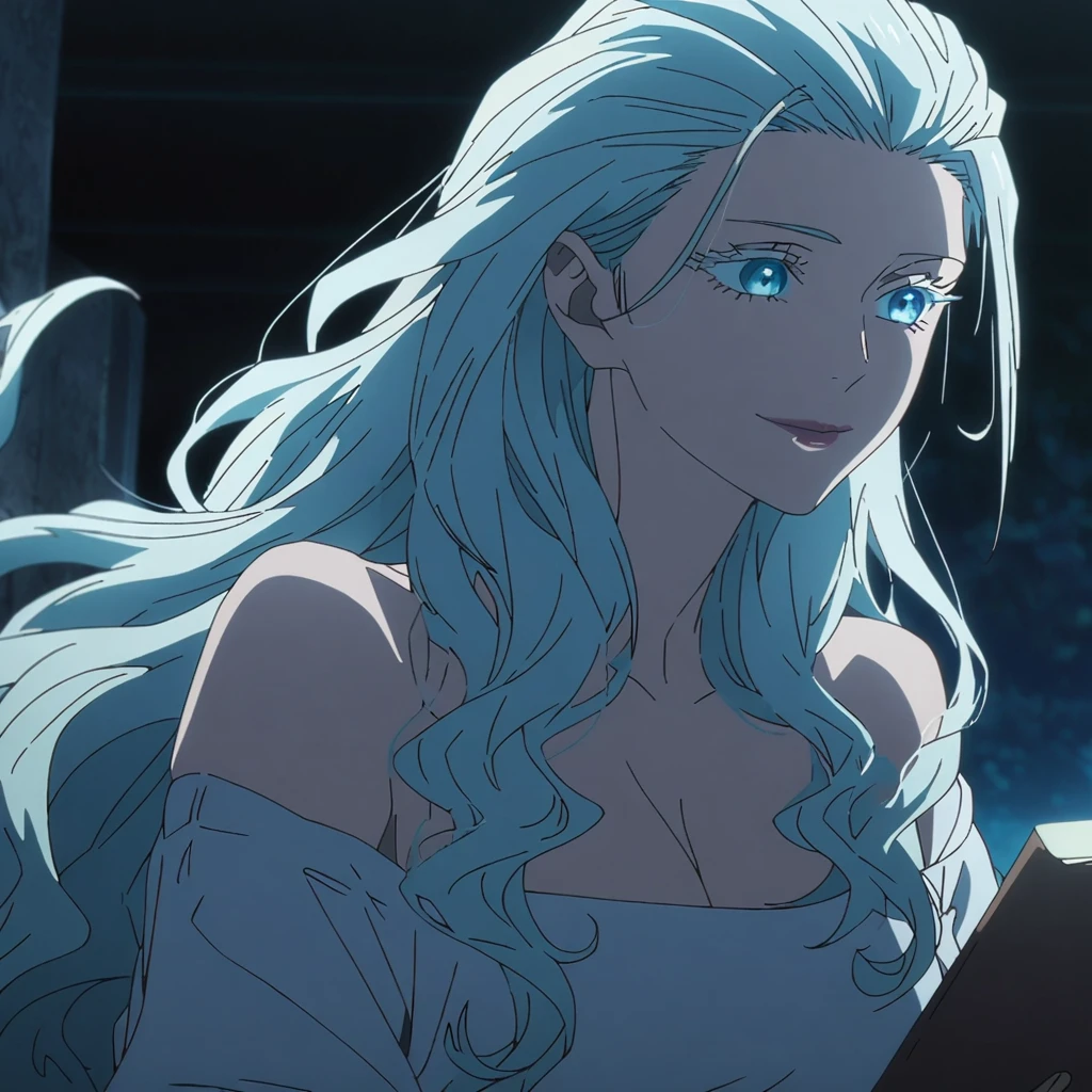 1girl, female gojo satoru, anime screencap from jujutsu kaisen, gojo satoru female version, solo, very long_hair, ((wavy hair, hair slicked back)) blue eyes, ((white eyelashes)), ((very long white_hair)), night view, breasts, upper_body, smile, indoors, book, bangs, blue_eyes, lips, (wearing round sunglasses) (( very long hair, slicked back)) wearing black color sweater off the shoulder, breast, "very detailed and high resolution" (blue eyes) ((floating hair))  ((smooth texture hair)) ((solo)) ((high resolution)) ((upper body)) (Good quality)  cleavage, (sitting)