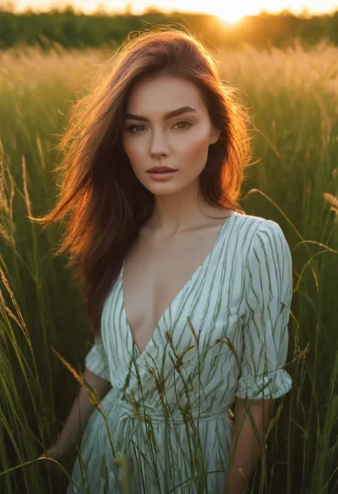 a woman standing in a field of tall grass with the sun setting, gorgeous woman, cinematic beautiful natural skin, attractive wom...