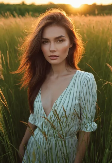 a woman standing in a field of tall grass with the sun setting, gorgeous woman, cinematic beautiful natural skin, attractive wom...