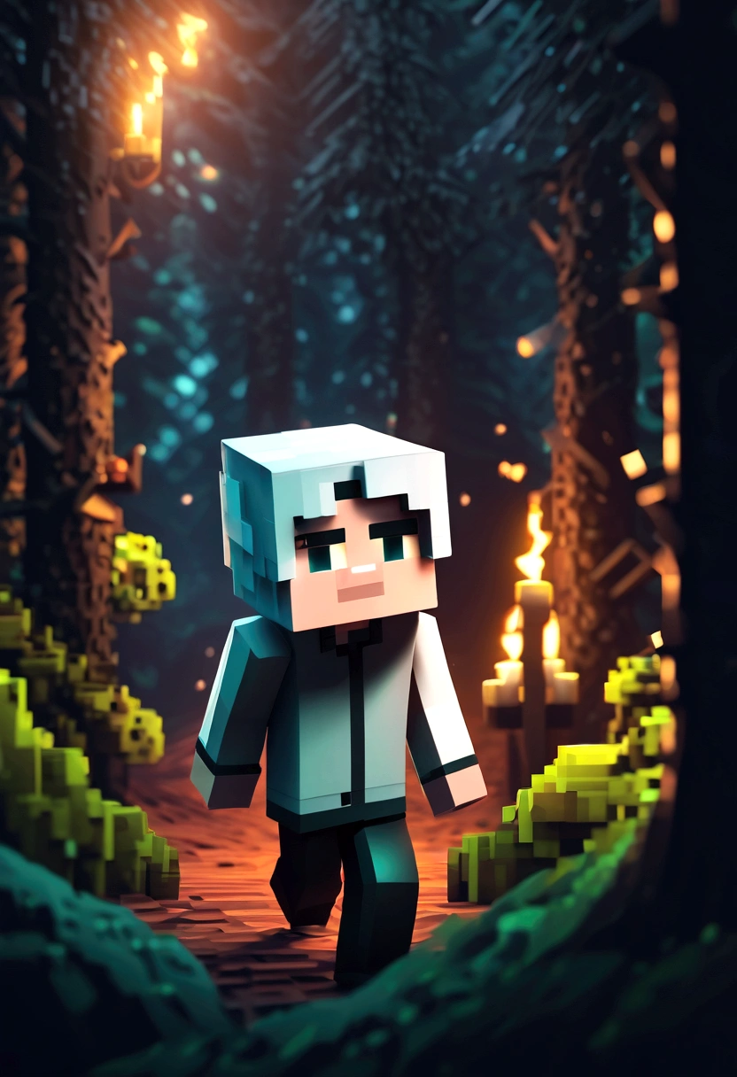 Personnage de Minecraft, Apparence DanTDM, Se promener dans une forêt, minuit garçon, blanc, aux cheveux gris, wearing a blanc hoodie and black demon horns,