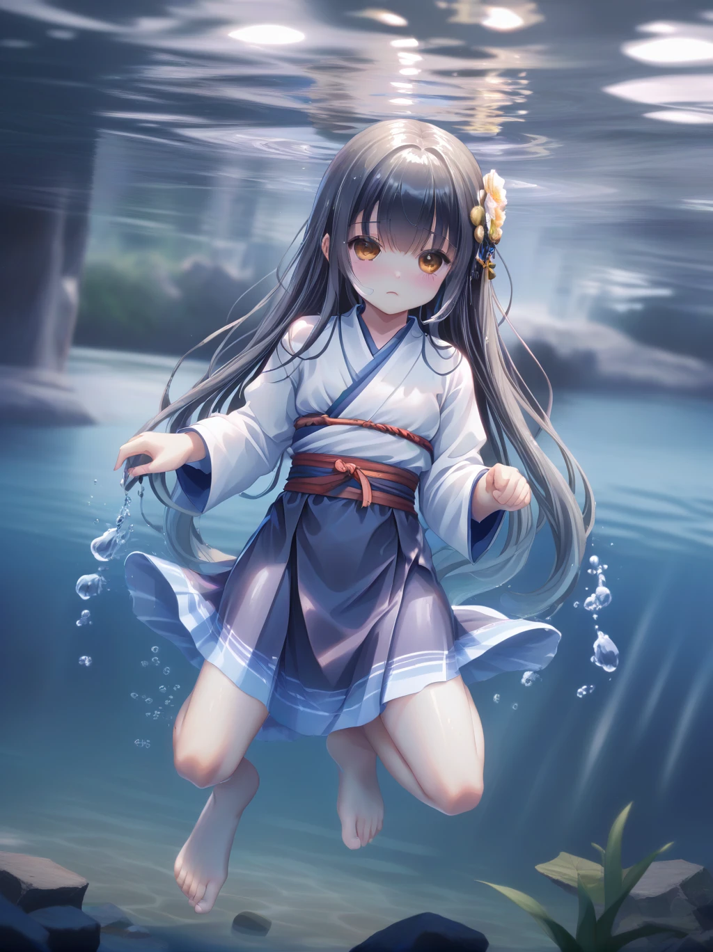  partially underwater, lakeの女神, Long Hair, Wet Hair,
lake,Dark Background, Blurred Edges,8-year-old、Flat Chest、skirt、Above the neck above the water、Body in water, Underwater Photography、浮力でskirtがめくれる