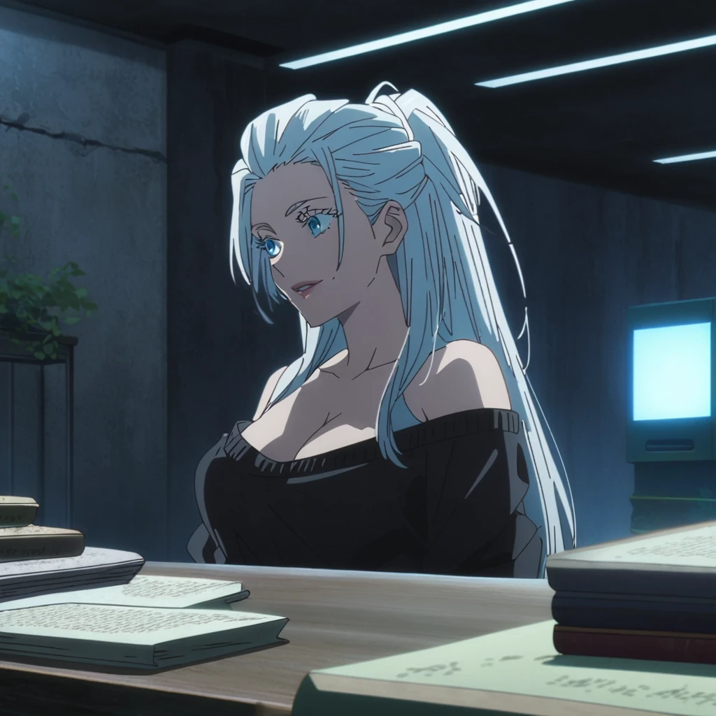 1girl, female gojo satoru, anime screencap from jujutsu kaisen, gojo satoru female version, solo, very long_hair, ((The hair is styled with part of it pulled back and the rest cascading down her back)) blue eyes, ((white eyelashes)), ((very long white_hair)), night view, breasts, upper_body, smile, indoors, book, bangs, blue_eyes, lips, (wearing round sunglasses)  wearing black color sweater off the shoulder, breast, "very detailed and high resolution" (blue eyes) ((smooth texture hair)) ((solo)) ((high resolution)) ((upper body)) (Good quality)  cleavage, (sitting)