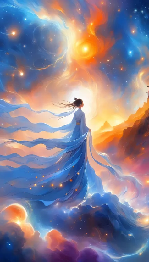 A beautiful woman standing on a cliff looking up at the starry sky, （Beautiful silhouette），Surrounded by a vortex of cosmic ener...
