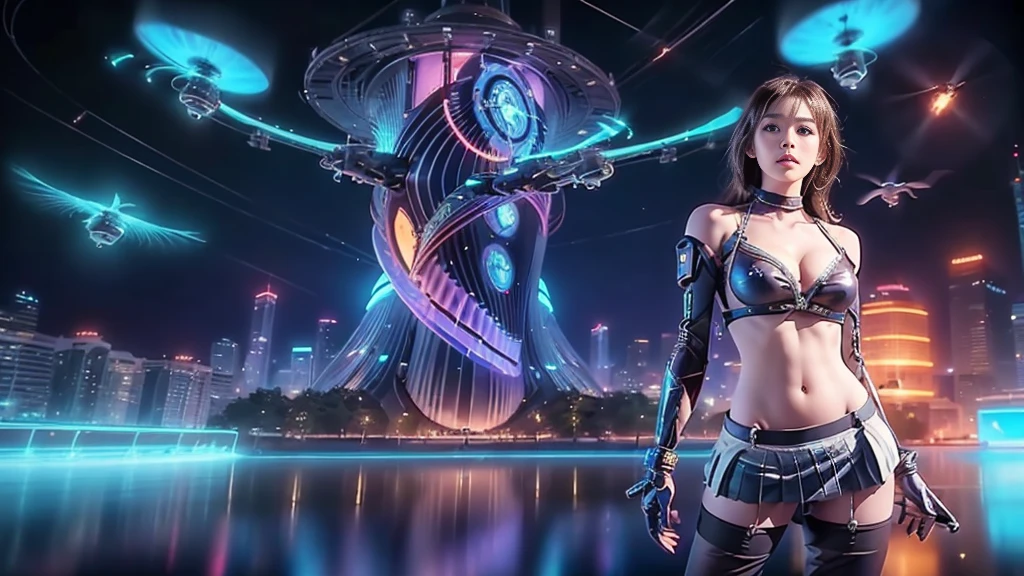 At night, dark sky, (((aerial view of futuristic sci-fi cyberpunk city, skyscrapers, (((((flying vehicle))))), (vortex-spirit-spreading giant ghost hologram (((clock tower))) as time machine), high quality))). Matrix style, (1girl, solo), photo realistic, (((large-breast:1.2 slim body, cleavage:1.3, tube top, very short pleated (((miniskirt))) exposing panty))), (((((matrix style black (((sunglasses))), aiming at camera with a (laser weapon):0.3))))), (((dynamic pose, half-body (thigh level) medium shot))), cinematic lighting.