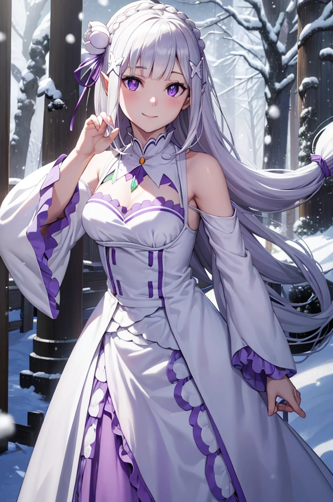 (masterpiece:1.3), (best quality:1.1), (8k, ultra detailed, ultra high res:1.2), ((anime style)), perfect hands, perfect 5 fingers, perfect anatomy, dynamic pose, leaning forward, standing, 
1girl,
emilia, 
emilia\(re:zero\),
long hair, low-tied long hair, braid, crown braid, 
white hair, 
(purple eyes:1.2), (beatiful detailed eyes:1.2), 
pointy ears, 
flower, hair flower, hair ornament, hair ribbon, white flower, x hair ornament, 
medium breasts, 
dress, pink dress, bare shoulders, detached collar, long sleeves, shoulder cutout, wide sleeves, white sleeves, 
(smile:1.3), 
BREAK looking at viewer, 
upper body, 
perfect light, outdoor, forest, crystal trees, (snow:1.5), winter, 