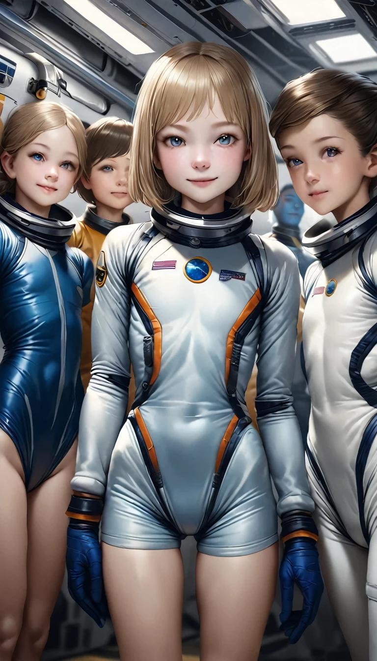 Realistic,best Realistic quality:1.1),(photo shoot:1.1),(High resolution), (Highly detailed and Realistic face),Half Body,(Realistic human skin),(everyone),(White skin of a 15 year old,Light brown short bob, wear a sexy, Skin-tight astronaut suits,) A room in the space station, ((15-year-old girl, Young Smile, slim, Narrow waist, Thin thighs, Thin arms)), The background is a blue earth、Small Earth、Beautiful Earth、