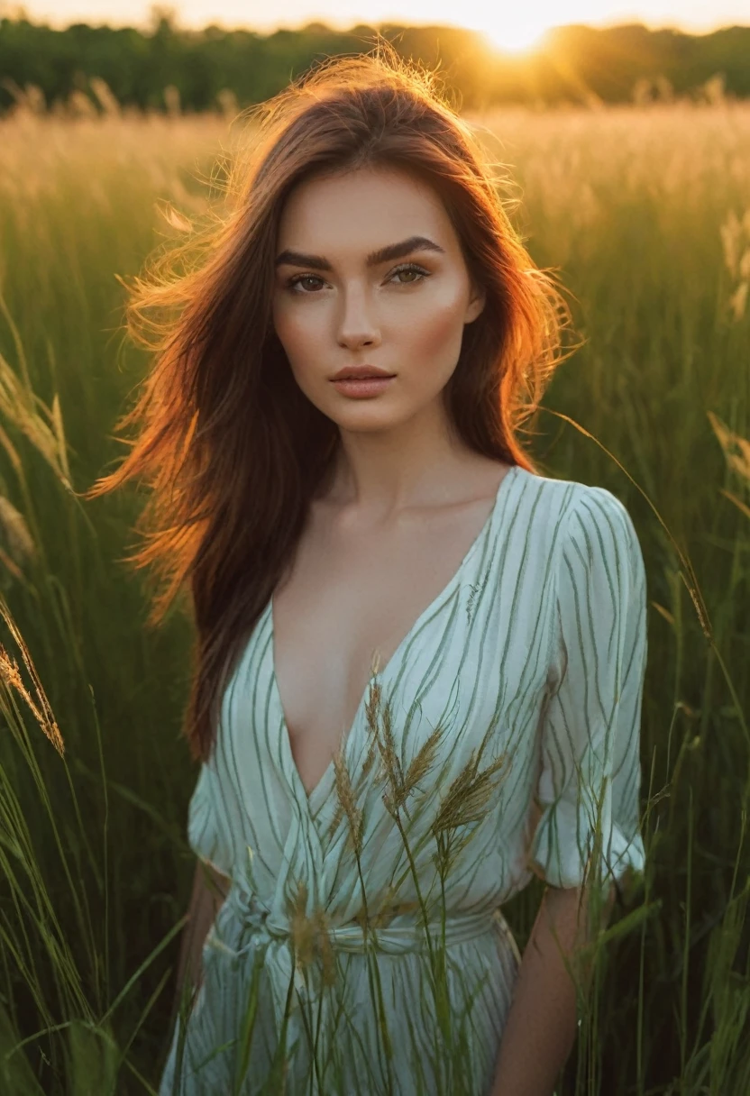 a woman standing in a field of tall grass with the sun setting, gorgeous woman, cinematic beautiful natural skin, attractive woman, attractive girl, photo of a beautiful woman, gorgeous attractive face, extremely beautiful face, in a field, beautiful female model, portrait of a beautiful model, soft portrait shot 8 k, beautiful delicate face, a beautiful young woman, attractive beautiful face
