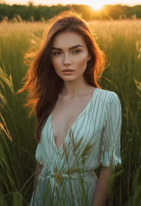 a woman standing in a field of tall grass with the sun setting, gorgeous woman, cinematic beautiful natural skin, attractive wom...