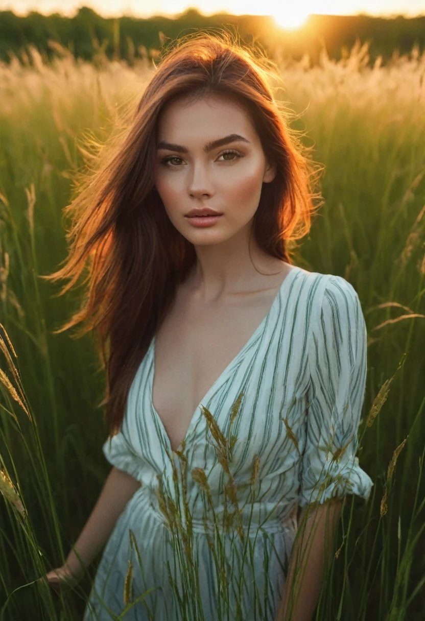 a woman standing in a field of tall grass with the sun setting, gorgeous woman, cinematic beautiful natural skin, attractive woman, attractive girl, photo of a beautiful woman, gorgeous attractive face, extremely beautiful face, in a field, beautiful female model, portrait of a beautiful model, soft portrait shot 8 k, beautiful delicate face, a beautiful young woman, attractive beautiful face
