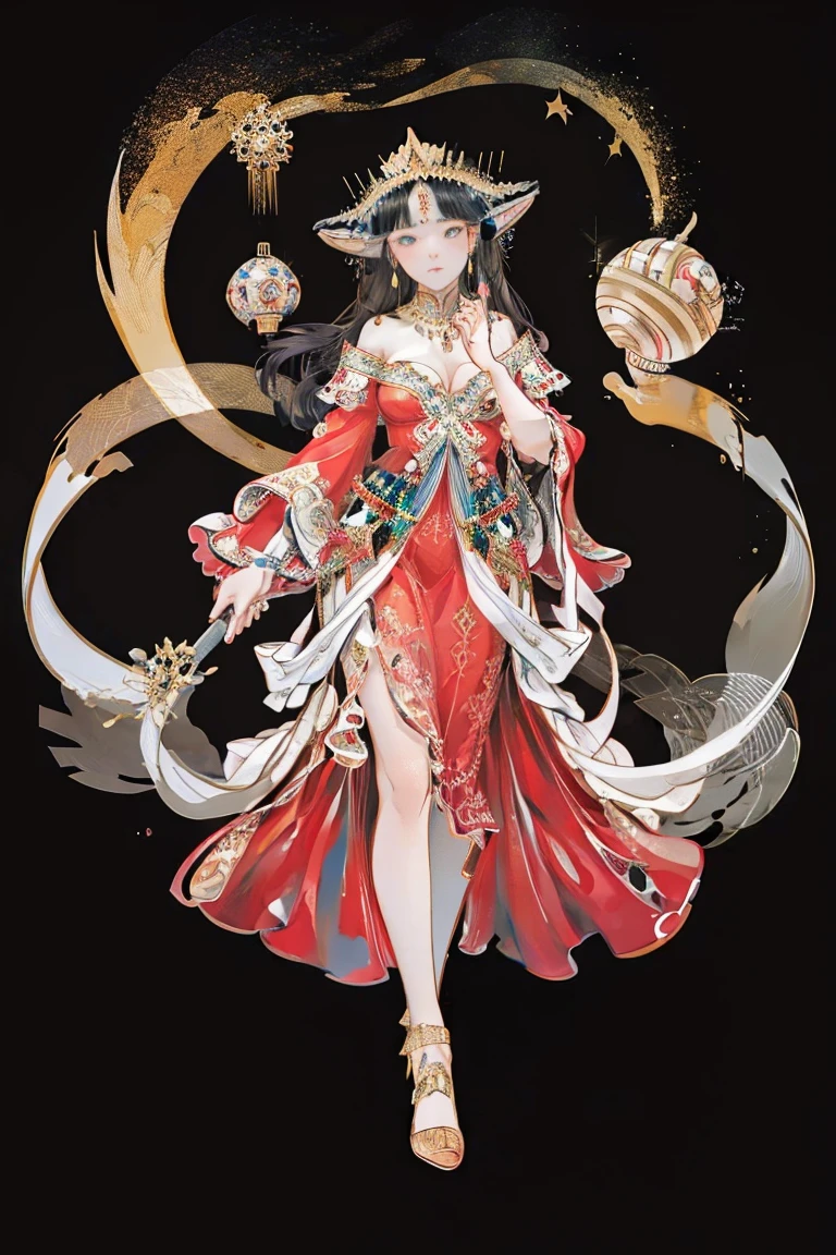 Long black hair and blue eyes，Girl in red，Tulle Skirt，Metal body decoration，There is a pure gold metal necklace around the neck，The headdress is a golden decoration of the image of Medusa，With bangs，Poker face，Elf ears，Very tall，Royal sister，Cool temperament，Big breasts，Red high heels，Repairing the hands，Cool standing posture，Red translucent veil