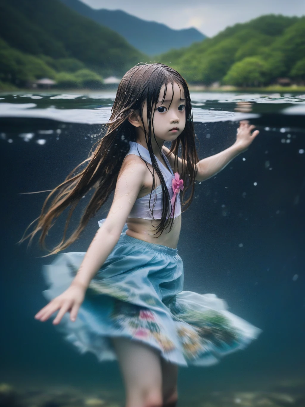  partiellement sous l&#39;eau, Lacの女神, cheveux longs, cheveux humide,
Lac,fond sombre, bords flous,、poitrine plate、jupe、Au dessus du cou au dessus de l&#39;eau、Corps dans l&#39;eau, Photographie sous-marine、浮力でjupeがめくれる