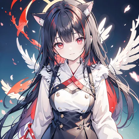 (((Fantasy　Black Hair　Dye the inside of your hair red　Long Hair　Dull red eyes　Cat ear　Beastman　Pad)))　((I have a crystal　uniform...
