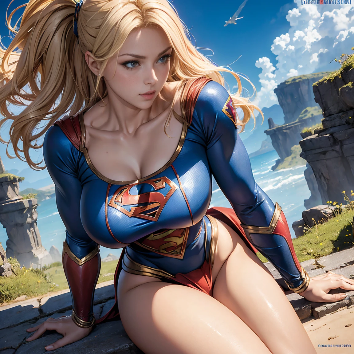 Art image of Supergirl, busty, beautiful, blonde hair, large breasts, flying in the clouds, blue sky, , by Louis Royo, Boris Vallejo, Frank Frazetta, extreme focus, sharp details, sexy, oily skin, sexy, naughty, sexy pose,