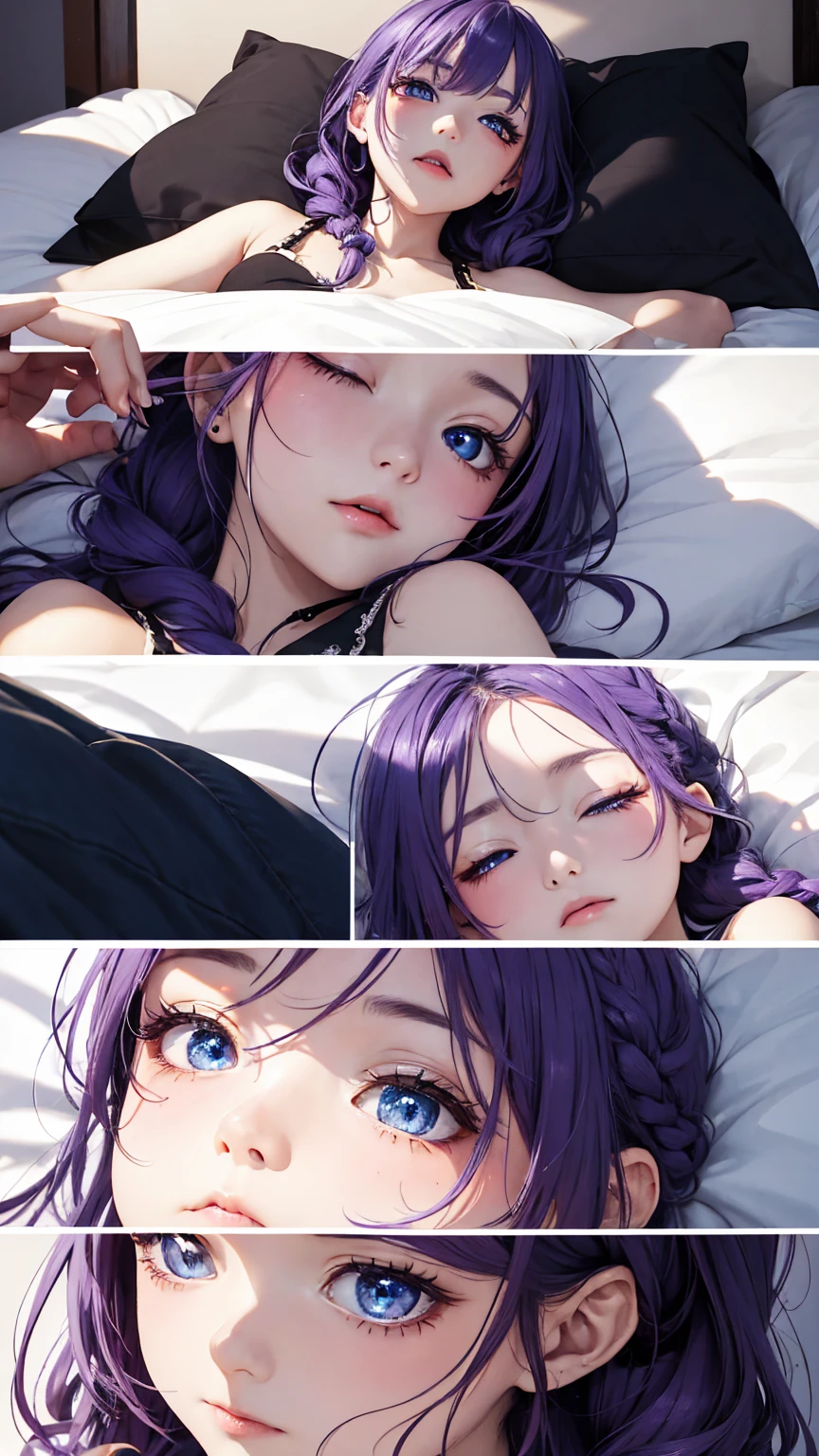 Super detailed、Particles of light:0.5、、Sleeping lying on your back in bed、Beautiful Blue Eyeouth half open、Natural Texture、、、Dripping cloudy saliva、Small and beautiful female genitalia、Purple Hair、French Braid、Revealing assassin&#39;s outfit