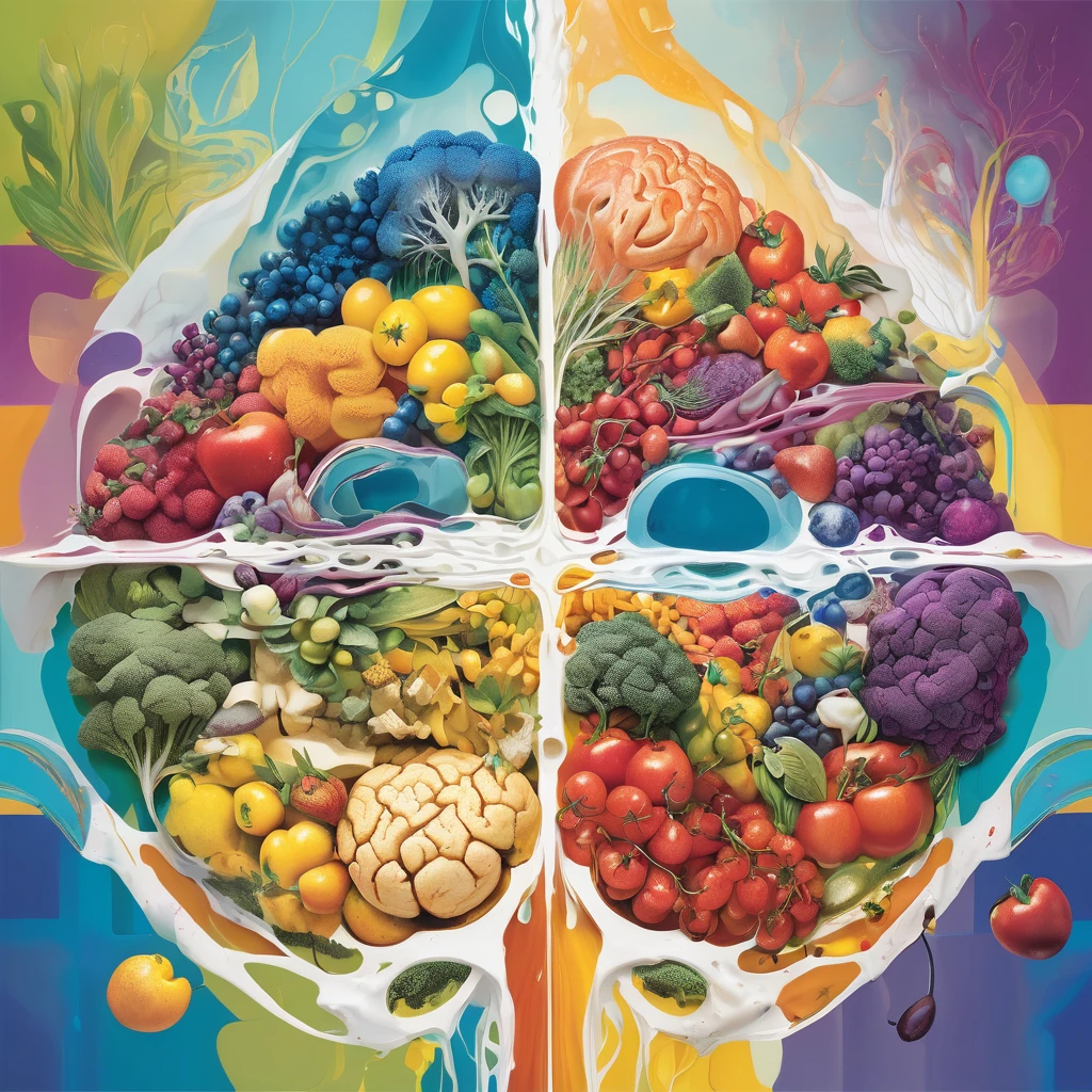 Create an abstract art background for a podcast episode featuring Max Lugavere's journey and insights on dementia and nutrition. The artwork should evoke themes of neurological complexity, cognitive function, and the transformative power of dietary choices. Use a blend of vibrant and muted colors to symbolize the contrast between health and disease, incorporating fluid, interconnected shapes to represent the intricate network of the brain and the impact of nutrition on cognitive health. The overall composition should be dynamic and thought-provoking, reflecting the urgency and hope in Lugavere's message about the preventability of dementia through early dietary interventions.