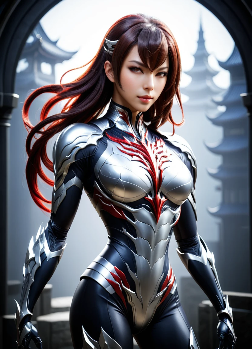 Concept Art (Digital Artwork:1.3) of (Simple illustration:1.3) 身穿银白色服装of女人站在城市里, From《Lineage 2》, wearing witchblade armor, Lineage 2 风格, Unreal Engine rendering of Saint Seiya, of a beautiful female warframe, from ncsoft, silver armor and red clothing, 超精细of幻想人物, Play Style：Square Enix, Unreal Engine Rendering Goddess, 8k Character Details CGSociety,Art Station,(Low contrast:1.3) . Digital Artwork, 说明性of, 性of, Painted landscapes, Very detailed