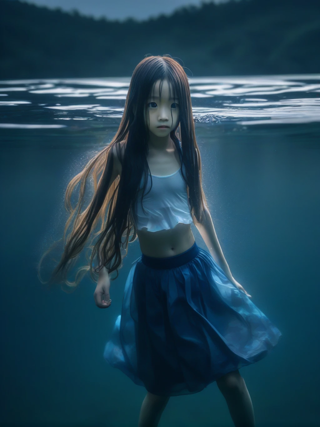  partially underwater, lakeの女神, Long Hair, Wet Hair,
lake,Dark Background, Blurred Edges,8-year-old、Flat Chest、skirt、Above the neck above the water、Body in water, Underwater Photography、浮力でskirtがめくれる