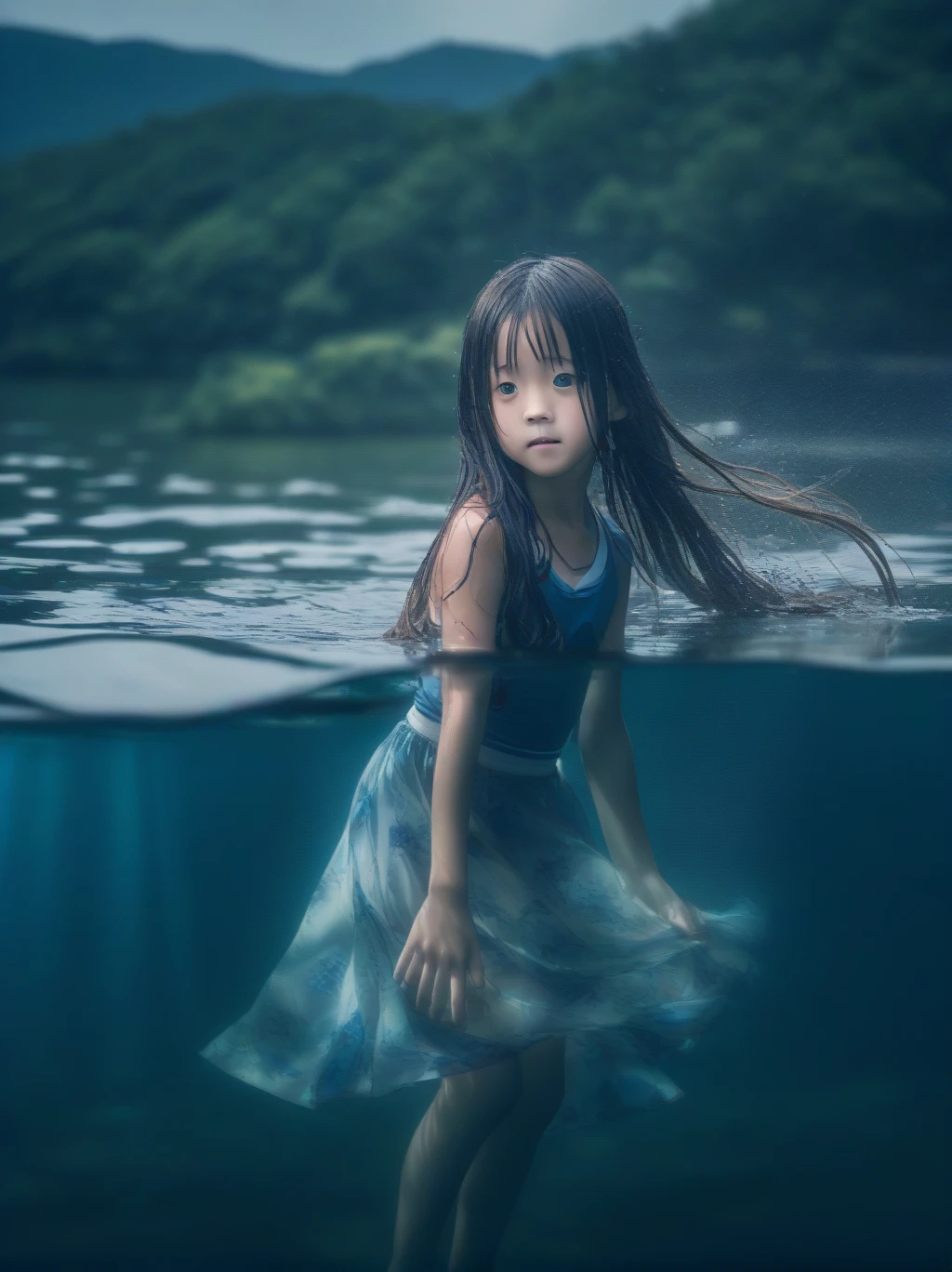  partiellement sous l&#39;eau, Lacの女神, cheveux longs, cheveux humide,
Lac,fond sombre, bords flous,、poitrine plate、jupe、Au dessus du cou au dessus de l&#39;eau、Corps dans l&#39;eau, Photographie sous-marine、浮力でjupeがめくれる