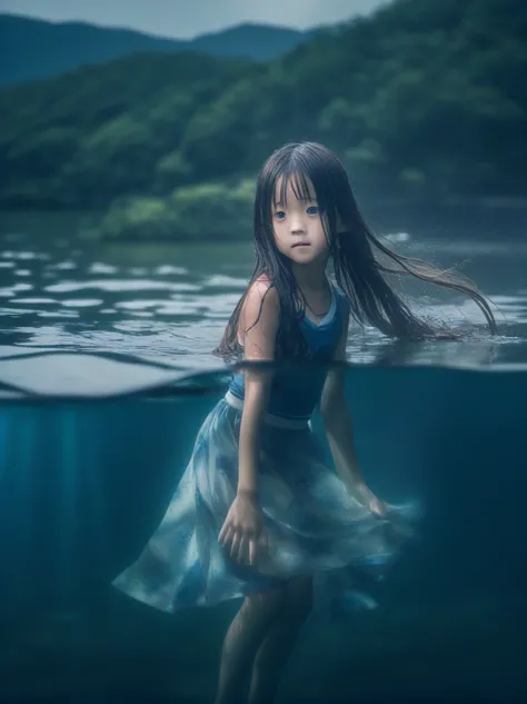  partially underwater, lakeの女神, Long Hair, Wet Hair,
lake,Dark Background, Blurred Edges,8-year-old、Flat Chest、skirt、Above the n...