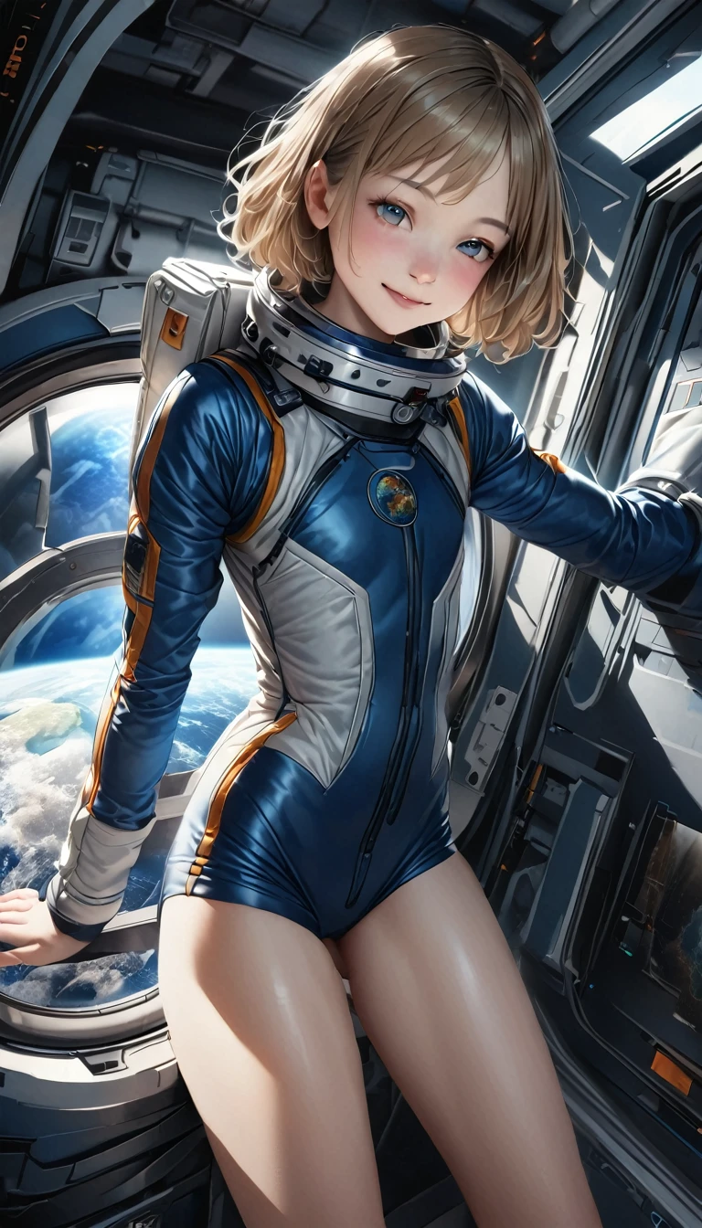 Realistic,best Realistic quality:1.1),(photo shoot:1.1),(High resolution), (Highly detailed and Realistic face),Half Body,(Realistic human skin),(One Girl),(White skin of a 15 year old,Light brown short bob, wear a sexy, Skin-tight astronaut suits,) A room in the space station, ((15-year-old girl, Young Smile, slim, Narrow waist, Thin thighs, Thin arms)), (((The background is the blue earth seen from the window、Small Earth、Beautiful Earth)))