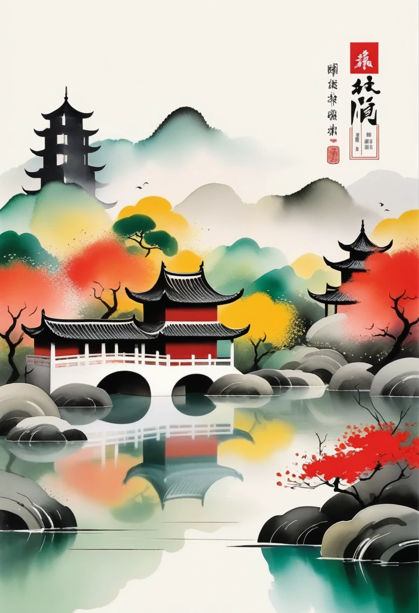 產品包裝設計，包裝盒，郵購箱，印刷：幾何抽像水墨畫，描寫江南園林建築群，Wu Guanzhong&#39;風格是中國傳統水墨畫技法與西方觀念結合的藝術表現形式.. 它以對傳統主題的現代詮釋為特色, 透過色彩和線條創造獨特的視覺效果.