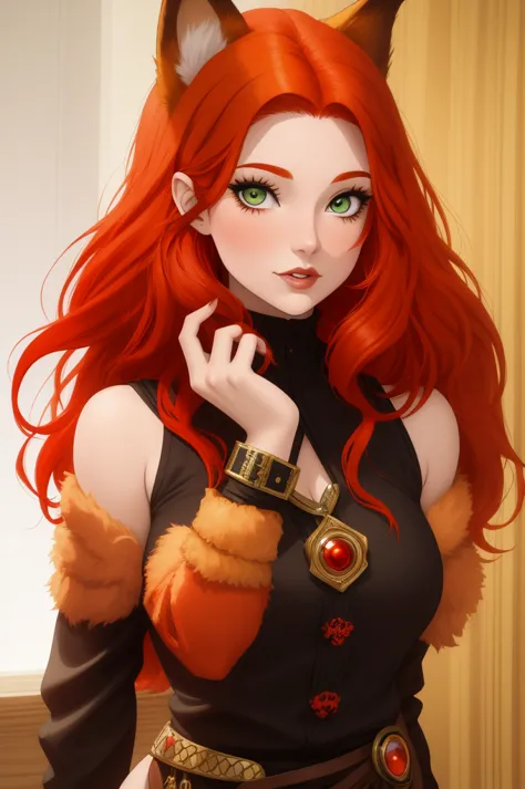 a close up of a woman with red hair and a fox, a beautiful fox lady, foxgirl, orange skin and long fiery hair, green eyes, magal...