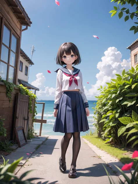 wallpaper, clear face, (masterpiece),  town,  blue sky,  one girl, put people on the right,  smile,  alone,  sailor suit、long sk...