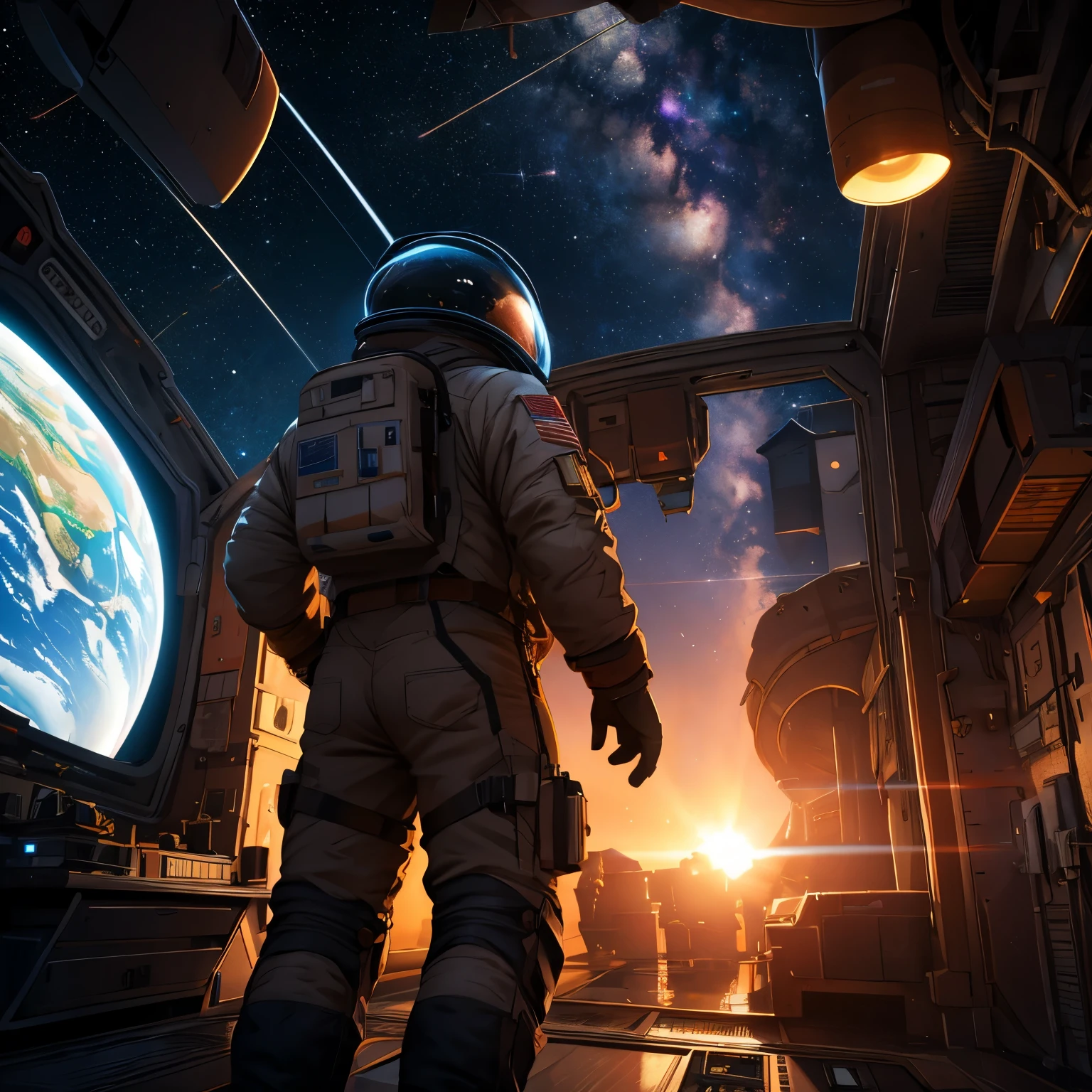 (best quality,8k,highres, masterpiece:1.2), ultra-detailed, HDR, UHD, studio lighting, ultra-fine painting, sharp focus, physically-based rendering, extreme detail description, professional, vivid colors, bokeh, portraits, concept artists, warm color palette, dramatic lighting,Astronaut, repairing outdoors on the space station, the Earth is visible, meteors,rear view,