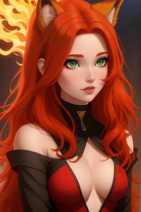 a close up of a woman with red hair and a fox, a beautiful fox lady, foxgirl, orange skin and long fiery hair, green eyes, magal...