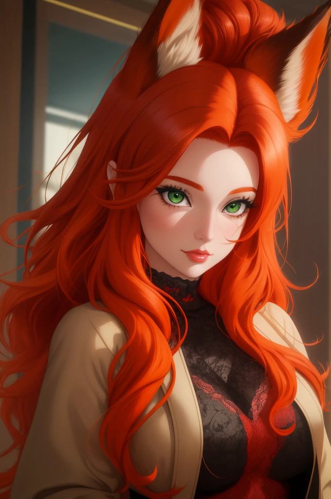 a close up of a woman with red hair and a fox, a beautiful fox lady, foxgirl, orange skin and long fiery hair, green eyes, magali villeneuve', graphic artist magali villeneuve, ginger hair and fur, inspired by Magali Villeneuve, in style of anne stokes, red haired goddess, fantasy fox love, fire hair, by Galen Dara
