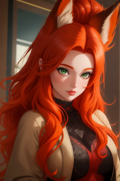 a close up of a woman with red hair and a fox, a beautiful fox lady, foxgirl, orange skin and long fiery hair, green eyes, magal...