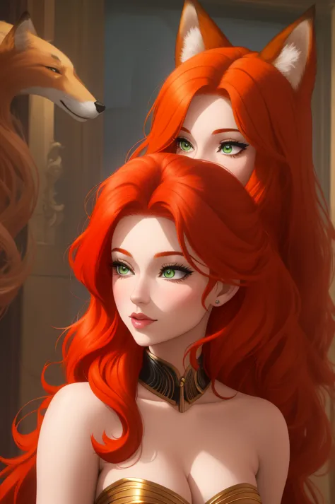 a close up of a woman with red hair and a fox, a beautiful fox lady, foxgirl, orange skin and long fiery hair, green eyes, magal...