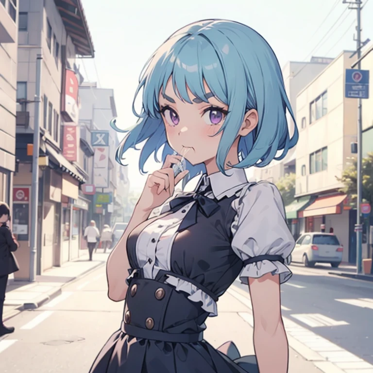 Young girl with blue hair,short straight hair and short bangs (purple eyes),, ((small bushy eyebrows)), wearing gothic lolita clothing, lolicon , medium large breast, breasts out of blouse, to school, bored look, bored face,, girl sucking penis cum bubbling out her mouth, in a street, girl giving a deepthroat blowjob to male, multiple vignettes
