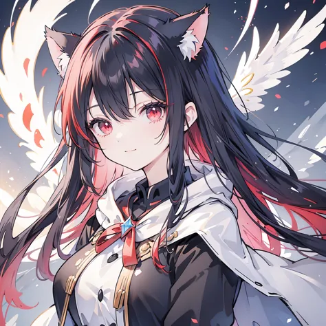 (((Fantasy　Black Hair　Dye the inside of your hair red　Long Hair　Dull red eyes　Cat ear　Beastman　Pad)))　((I have a crystal　uniform...