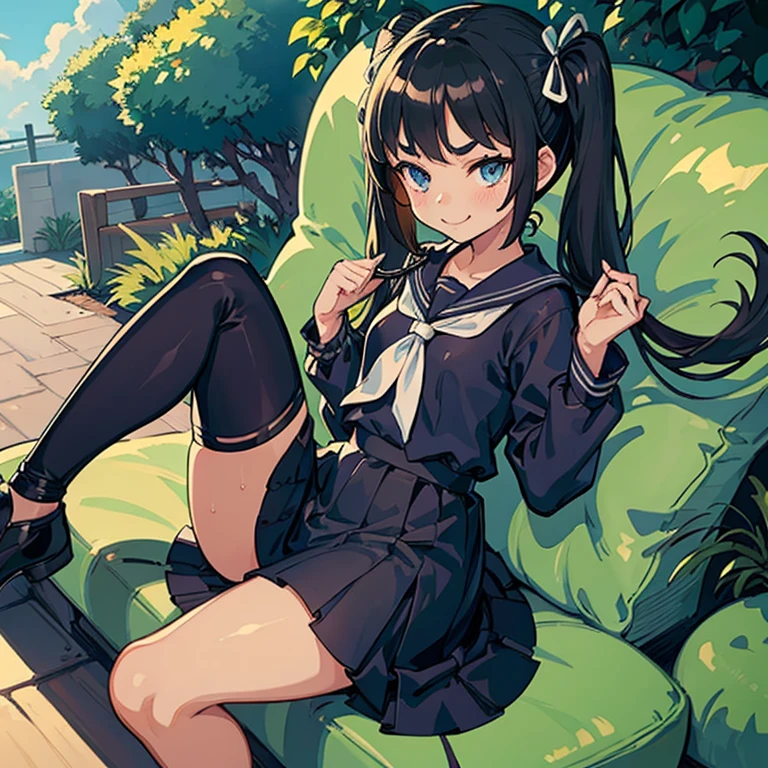 Young girl with black hair, long twintail,  twintail hairstyle, (blue eyes),, ((small bushy eyebrows)), wearing gothic lolita clothing, lolicon , walking to school, flirty smile, ,sitting with open legs, lifting her skirt to show her vagina wet with semen