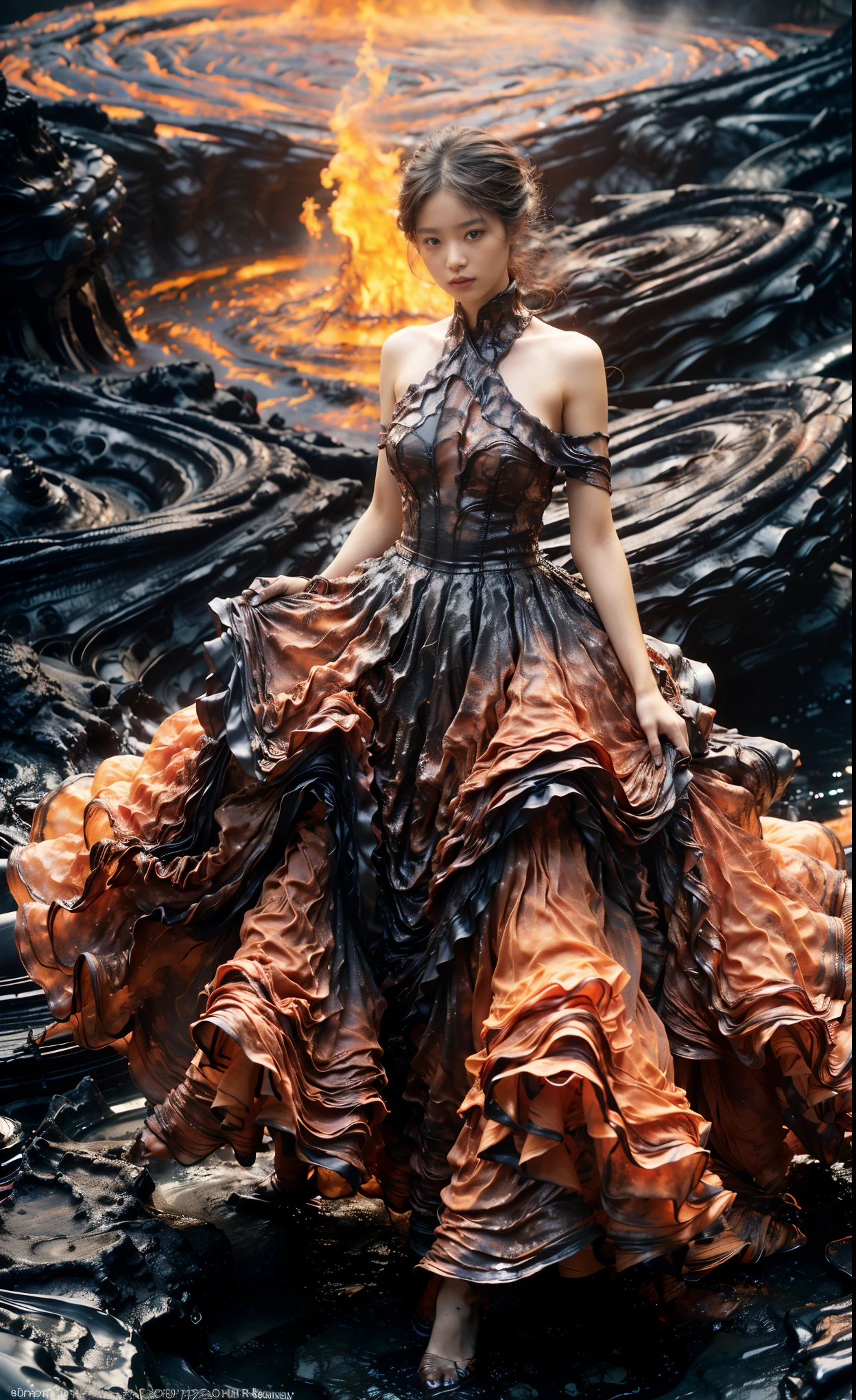 (8K, Foto CRU, melhor qualidade,Obra de arte:1.2),(realista, fotorrealista:1.37), 1 menina,pernas longas, corpo inteiro lésbica,(lava derretida:1.3),oceano,Vestido feito de rosas，um fluxo de erupção vulcânica，Fotografia infravermelha, 1.Realismo 4x，Ultra HD，skitomia texturizada correta，Rosto feminino coreano preciso e perfeito，proporção áurea)
