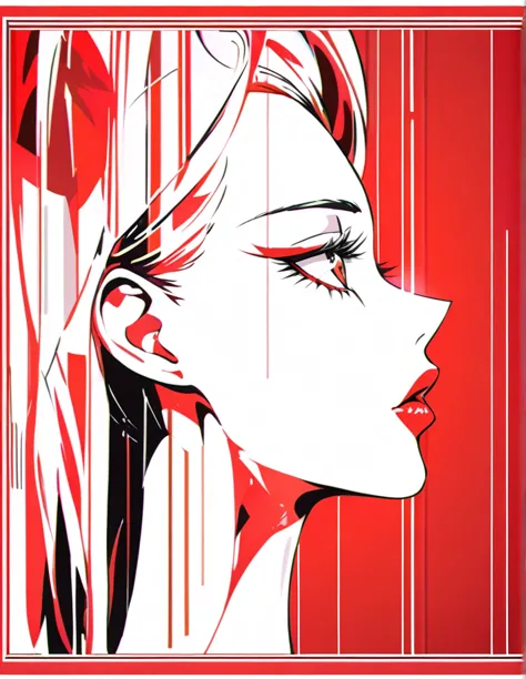 Illustrate an elegant stunning beautiful woman's face in profile using sleek white lines on a Red canvas 