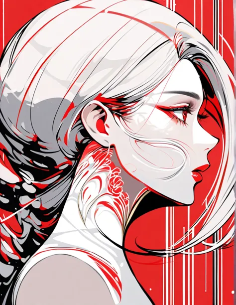 Illustrate an elegant stunning beautiful woman's face in profile using sleek white lines on a Red canvas 